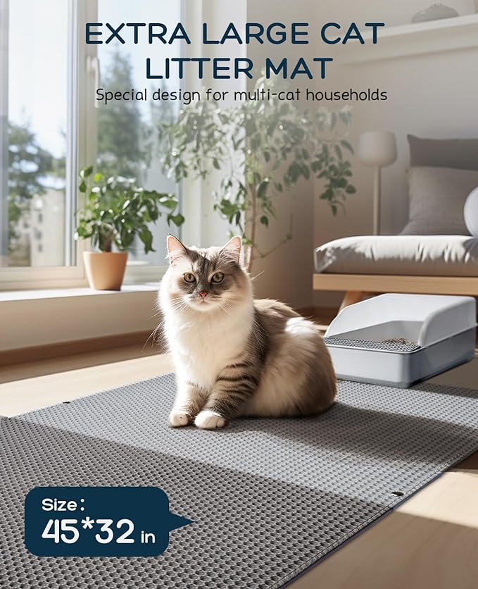 BurgeonNest 45"x32" Extra Large Cat Litter Mat, Honeycomb Double Layer Kitty Litter Trapping Mat, Urine Proof & Waterproof, Easy Clean, Machine Washable, Non-Slip, Scatter Control