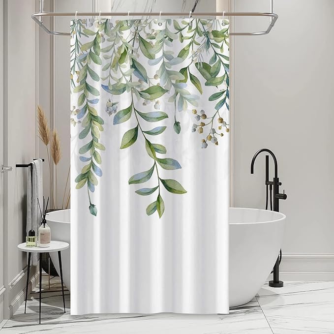 AWERT Green Mixed Light Blue Plant Stall Shower Curtain with 6 Hooks Sage Green Shower Curtain for Bathroom Waterproof Fabric 36x72 inch