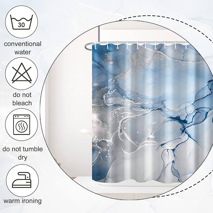 AWERT Blue Marble Shower Curtain for Bathroom Modern Blue White Marble Ink Shower Curtain with Hooks Washable Bathroom Accessories Bathtub Decor 72x78inch