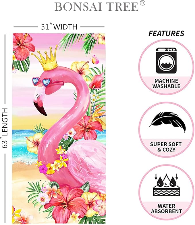 Bonsai Tree Flamingo Beach Towel, 30" x 60", Microfiber, Pink, Sand Proof, Quick Dry, Beach Towel for Women, Kids, Teens