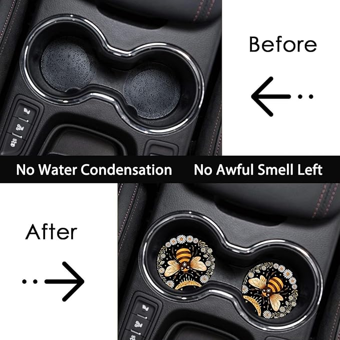 Car Coasters for Cup Holders,2 Pack Bee Car Cup Holder Coasters,2.75" Universal Size Anti Slip Rubber Mat,Automotive Cup Holder Decal Decor Accessories,Bee Gifts for Women,Men,Mom