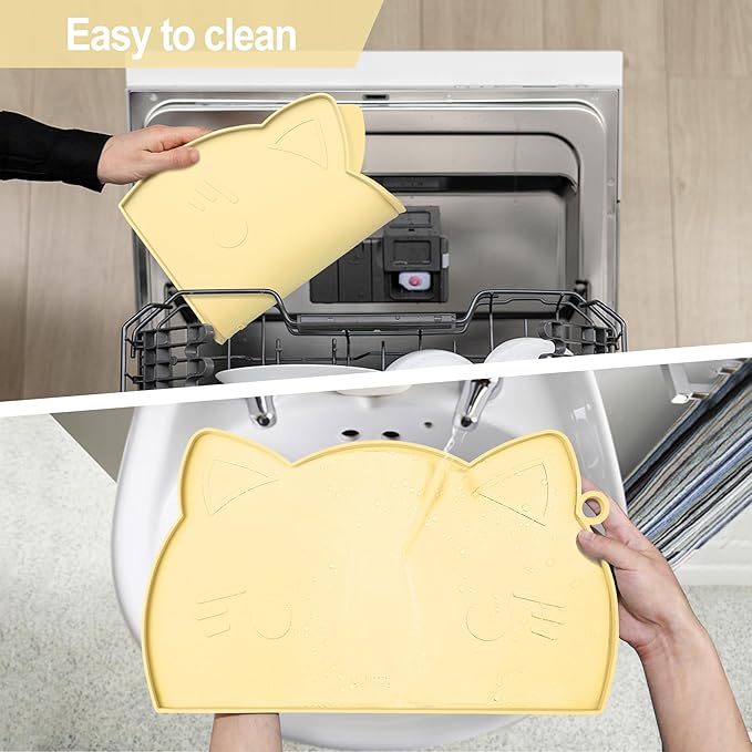 Coomazy Cat Food Mat, Thicker Dog Feeding Mat for Food and Water, Waterproof Non-Slip Silicone Mat for Floor, Dog Food Mat with Raised Edge to Prevent Food Spills and Water Runoff (Yellow, Medium)