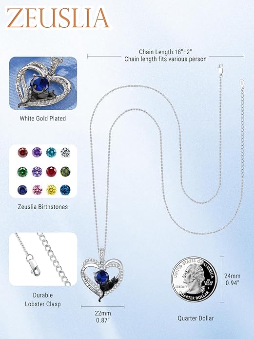 Birthstone Cat Necklaces,925 Sterling Silver Cat Necklace Heart Pendant for Women,Dainty Animal Jewelry for Her,Wedding Anniversary Birthday Gifts for Women Mom Grandma