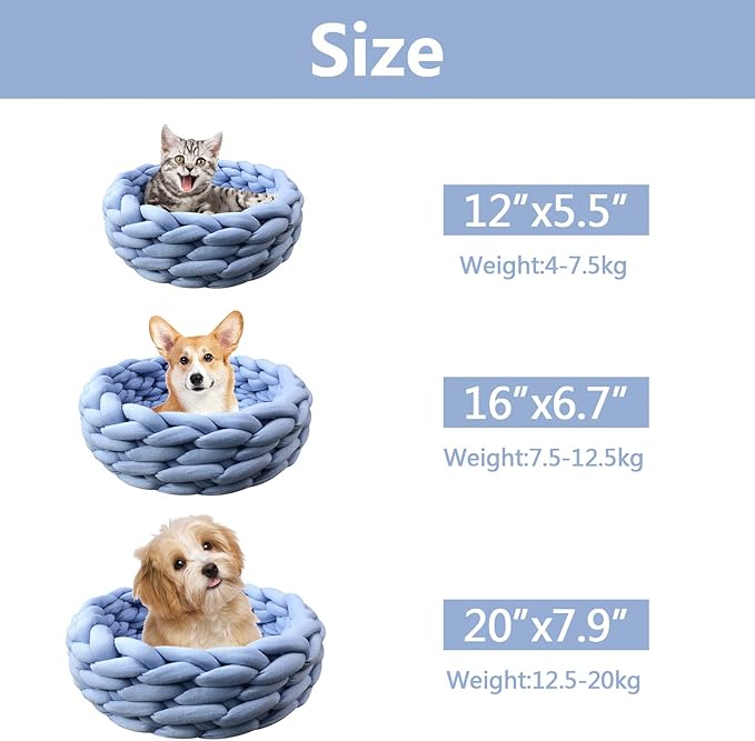 Lucky Monet Cat Basket Bed Cotton Knitted Round Pet Beds for Cats Cute Boho Cat Pet Bed Warm Woven Cat Nest for Puppy Kitten Cats Dogs (19.7", Blue)