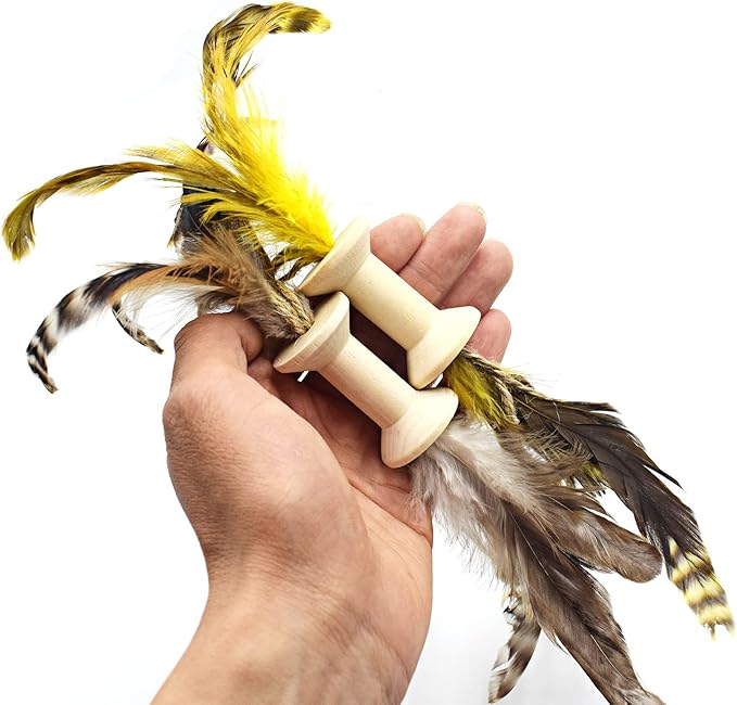 IUHKBH Cat Feather Toys, 2 PCS Wooden Roller Cat Teaser Toy Interactive Cat Toys for Chewing and Kicking