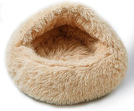 Cat Bed Calming Cat Beds,Indoor Washable Cat Bed，Anti-Slip Faux Fur Fluffy Cuddler Anxiety Cat Bed,Warming Cuddler Cushion Bed for Small Medium Dogs and Cats (Apricot Color, 24 * 24inch)