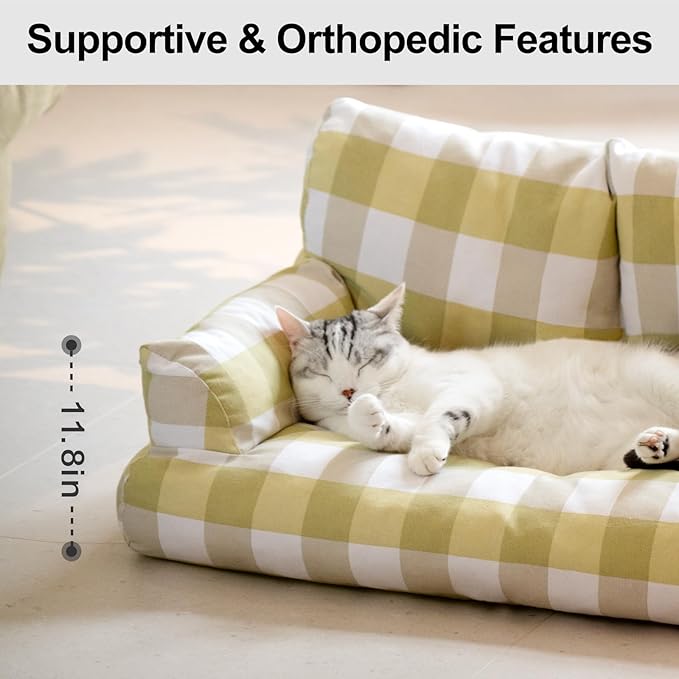 MEWOOFUN Pet Sofa Bed for Medium Pets Cat Couch Cat Bed with 26×19×13 Inch Removable Washable Cover Nonskid Bottom Puppy Couch Pet Bed up to 25 lbs (Yellow & White)