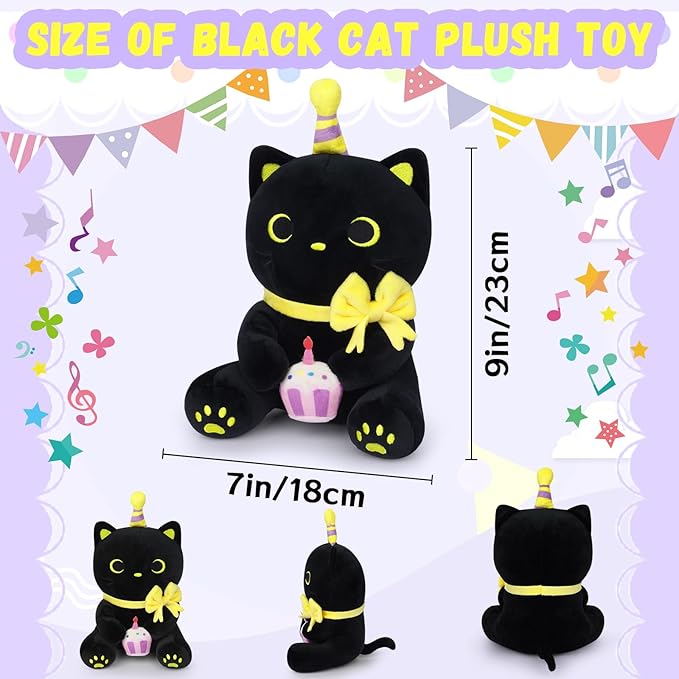 Black Cat Plush - 8 Inch Soft Cat Happy Birthday Stuffed Animal, Birthday Gifts for Kids Boys Girls