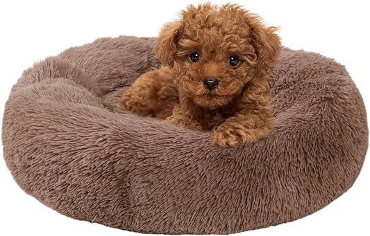 Calming Dog Bed, Dog Beds Fits up to 5 lbs Pets, Fluffy Donut Dog & Cat Bed Washable, Round Anti Anxiety Dog Bed, Small Dog Bed with Non-Slip Bottom (Khaki, 17" x 17")