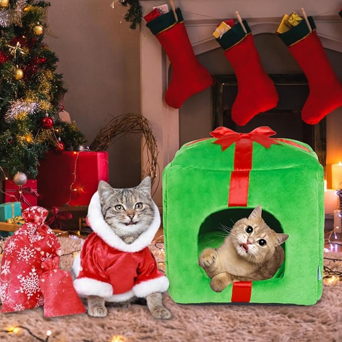 ShellKingdom Christmas Cat House, Cat Cave, Cute Shape Cat Beds for Indoor Cats, Xmas Gift Box Cat Cube with Bed Cushion for Small Pet, 13.77 X 13.77 INCHES (Gift Box Shape)