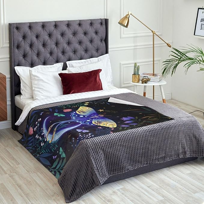 Moon Moth Throw Blanket Soft Cozy Lightweight Blanket for Couch, Bed, Sofa - Moth Pattern Decorative Plush Flannel Blanket for Women, Men, Kids 50"x40"