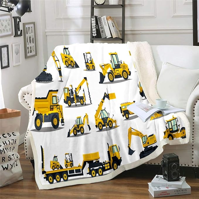 Feelyou Construction Site Fleece Throw Blanket Kids Toddler Excavator Truck Flannel Sherpa Blanket Soft Comfort Plush Blankets for Boys & Girls 90"x90"