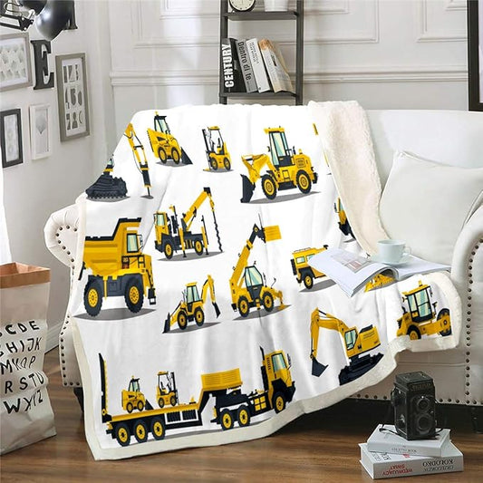 Feelyou Construction Site Fleece Throw Blanket Kids Toddler Excavator Truck Flannel Sherpa Blanket Soft Comfort Plush Blankets for Boys & Girls 90"x90"