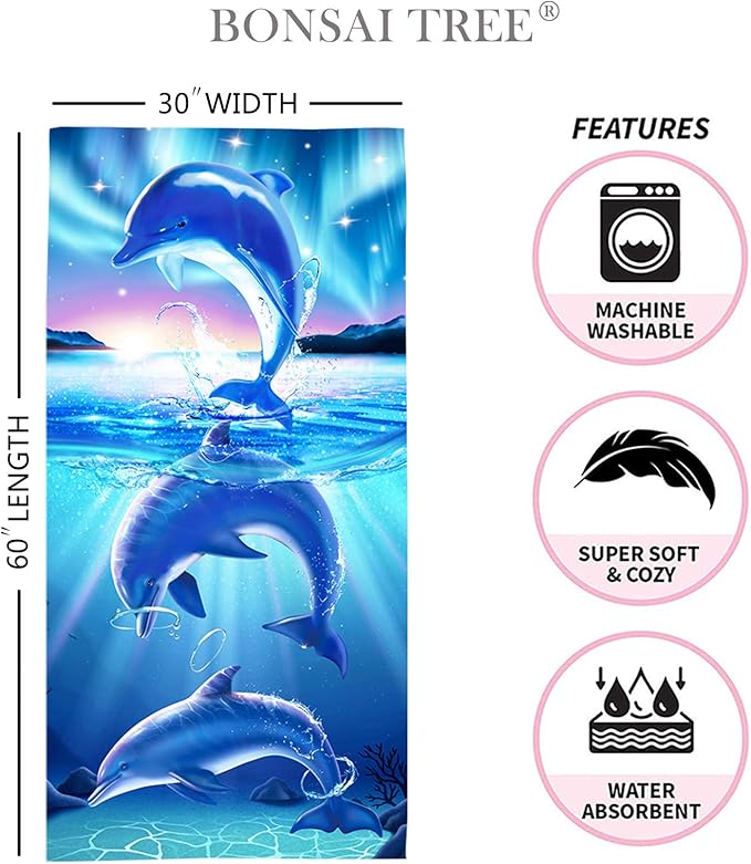 Bonsai Tree Dolphin Beach Towel, Cute Ocean Dolphins Themed Microfiber Bath Towel Gifts for Kids, Funny Abstract Animals Cartoon Sand Free Quick Dry Travel Towels for Boys Girls Pool Sports 30" x 60"