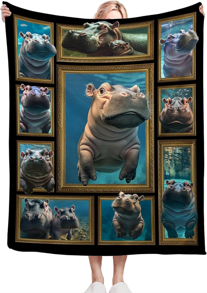 Hippo Throw Blanket Ultra Soft Cozy Cute Fleece Fuzzy Plush Lovers Decor Gifts for Women Girls Adults Couch Sofa 80"x60"