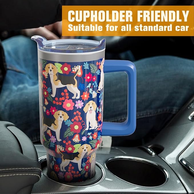 Beagle Gifts for Women Dog Lovers 40 oz Floral Beagle Tumblers with Handle and Straw, Stainless Steel Vacuum Insulated Travel Coffee Mug Cup Water Bottle