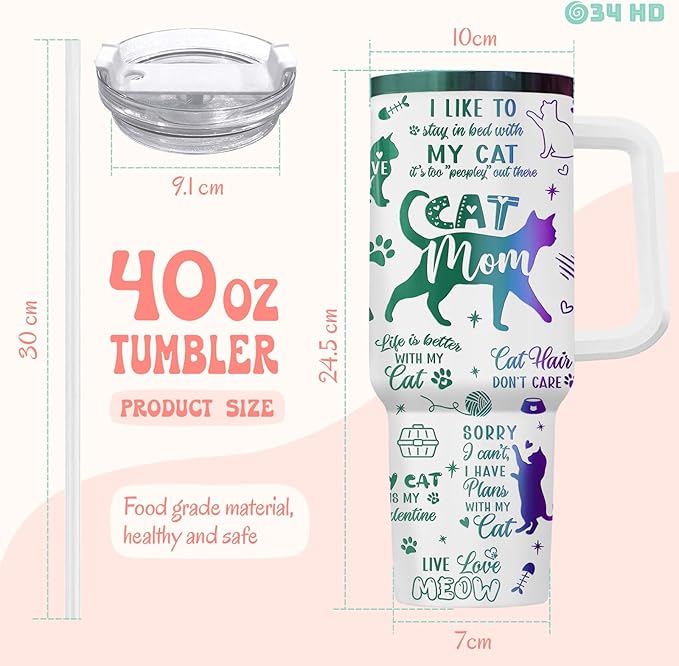 34HD Funny Engraved Cat Mom Tumbler with Handle and Straw 40oz, Paw Mom Cup Insulation, Birthday Mothers Day Gifts for Cat Lovers Women Auntie Friends