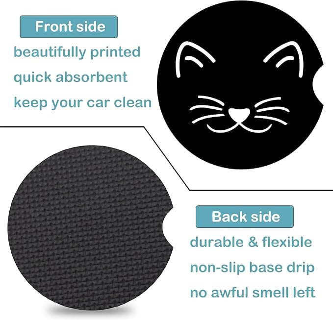 Car Coasters for Cup Holders,2 Pack Cat Car Cup Holder Coasters,2.75" Universal Size Anti Slip Rubber Mat,Automotive Cup Holder Decal Decor Accessories,Cat Gifts for Women,Men,Mom