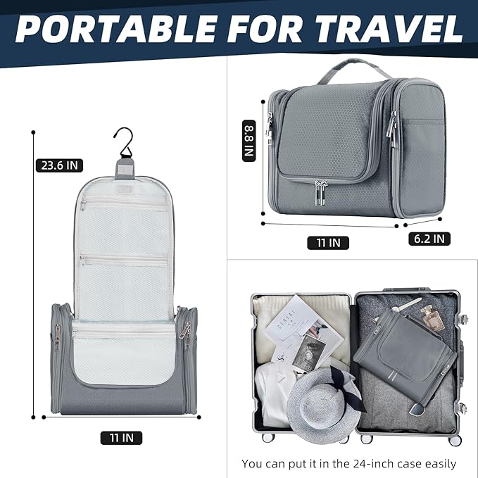 Buruis Large Capacity Toiletry Bag for Women and Men, Hanging Toiletry Organizer Cosmetics Makeup Bag, Water-resistant Dopp Kit Shaving Bags for Full Sized Toiletries, Travel Essentials (Gray)
