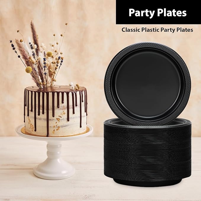 Black Plastic Plates 7 Inch - 600 count Solid Round Party For Weddings, BBQs, Birthday Disposable Dessert (81070 (case))