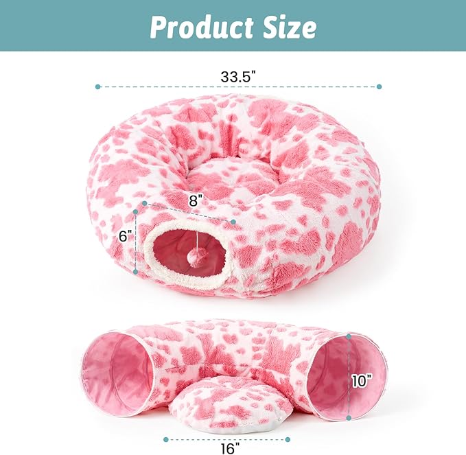 Cat Tunnel Bed for Indoor Cats - Cute Cat Donut Tunnel with Washable Circle Cushion, Round Pet Play Tunnel Toy for Kitten/Puppy/Rabbit,Pink&White