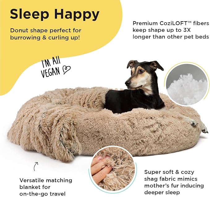 Best Friends by Sheri Bundle Set The Original Calming Shag Donut Cuddler Cat and Dog Bed + Pet Throw Blanket Taupe Large 36" x 36"