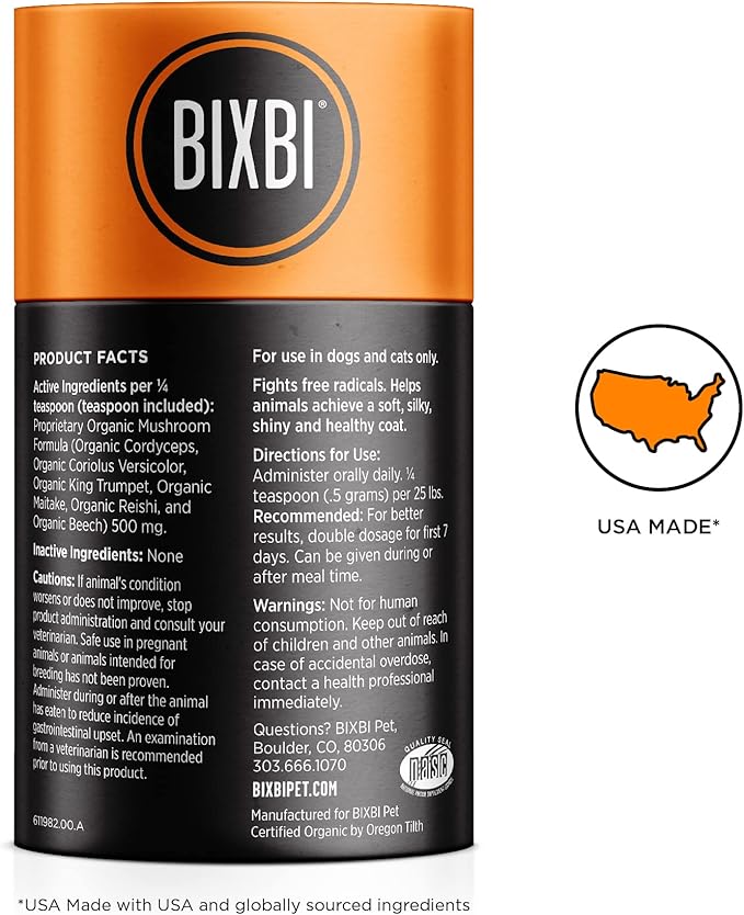 BIXBI Dog & Cat Skin & Coat Support, 2.12 oz (60 g) - All Natural Organic Pet Superfood - Daily Mushroom Powder Supplement - USA Grown & USA Made - Veterinarian Recommended for Dogs & Cats