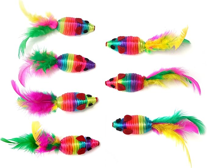 CHIWAVA 24PCS 5" Rattle Cat Toys Mice with Feathers Rainbow Rope Mouse Kitten Interactive Toy Assorted Color