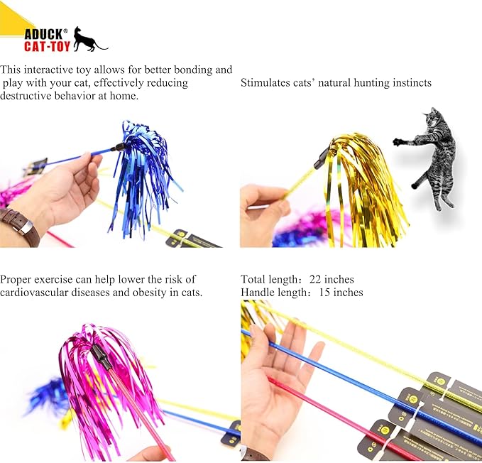 ADUCK Cat Toys Interactive Teaser Wand Toy with Tassels Worms Catcher for Cats Kitten, Pack of 3 (Gold + Blue + Pink)
