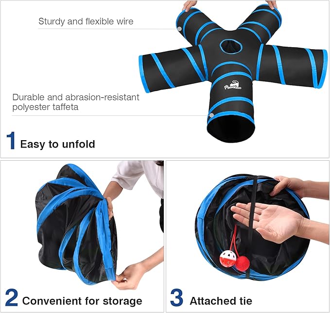 Pawaboo Cat Toys, Collapsible Tunnel Tube with Bells, 25x53cm, Blue