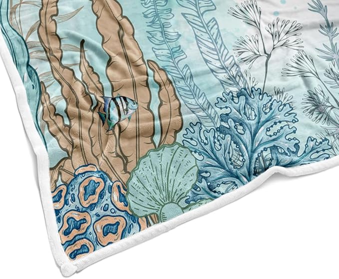 Turtle Blanket Funny Seashell Coral Beach Themed Throw Blankets, Farmhouse Sea Ocean Lightweight Soft Fleece Cozy Fleece Throw Blanket All Season Cozy Soft Lightweight Couch Sofa Bed Bedding