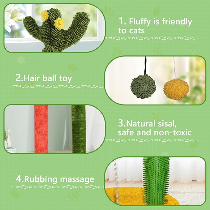 33" Tall Cat Scratching Post, Cactus and Mushroom Combination Cat Scratcher, Cat Toy with Removable Cat Teaser, Cat Scratch Tree Post with 3 Balls