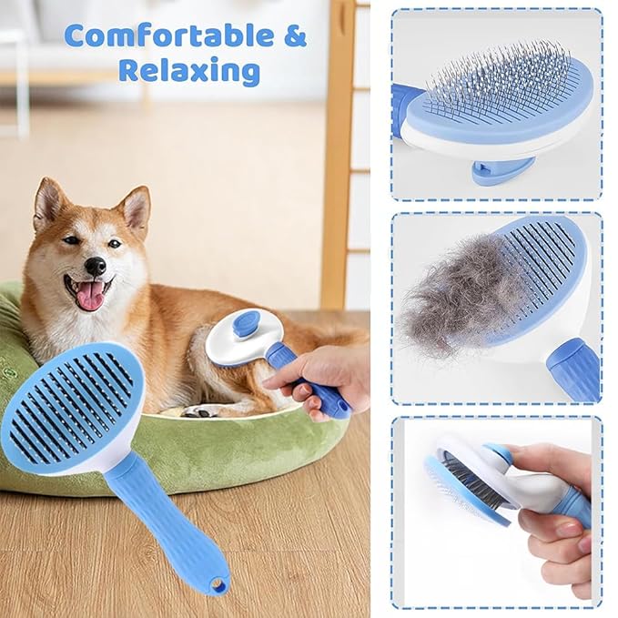 7pcs Pet Grooming Kit, Self-Cleaning Brush Shedding Kit with Nail Clipper, Flea Comb, Shampoo Bath Brush, Finger Toothbrush, Storage Bag (Blue)
