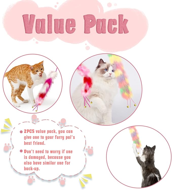 2 Pack Cat Wand Toy, Rainbow Cat Feather Toys with Bells, Cat Teaser Wand with Soft Furry Tail, Interactive Cat Toys for Indoor Cats & Kitten & Kitty