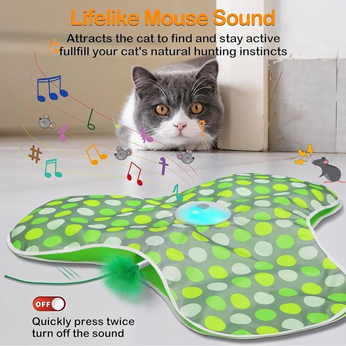 Interactive Cat Toys Rechargeable,Moving Concealed Feathers,Real Mouse Squeaky,Touch Activated Cat Kitten Toy Cat Exercise Toys for Indoor Bored Adult Cats