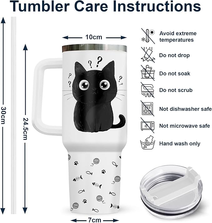 34HD Funny Black Cat Tumbler with Handle and Straw, 40oz Double Wall Vacuum Insulated Pet Mug, I Came I Saw Forgot Cup, Cat Gifts for Women Men Birthday Mothers Day Halloween Christmas