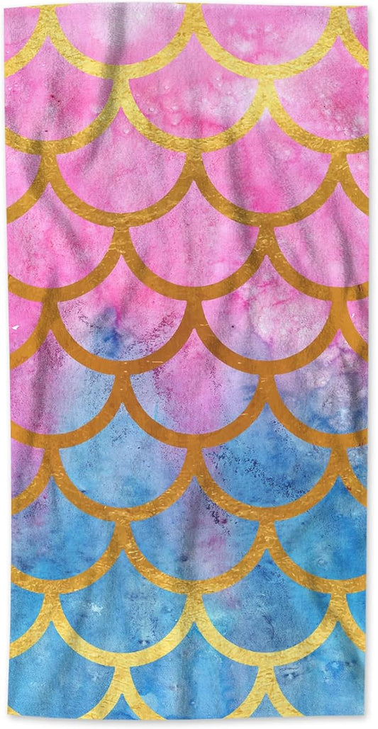 AOYEGO Pink Blue Mermaid Sequin Beach Towels Fish Scales Ocean Sea Hand Towels Kitchen Hand Towels Bathroom for Girls Women Men 15x30 Inch