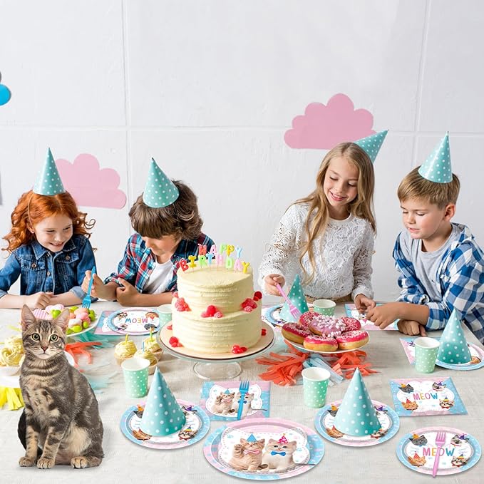 96PCS Cat Party Decorations Kitten Birthday Tableware Cat Paper Plates Meow Plates Napkins Dinnerware for Pet Kitten Baby Shower Party Supplies, Serves 24