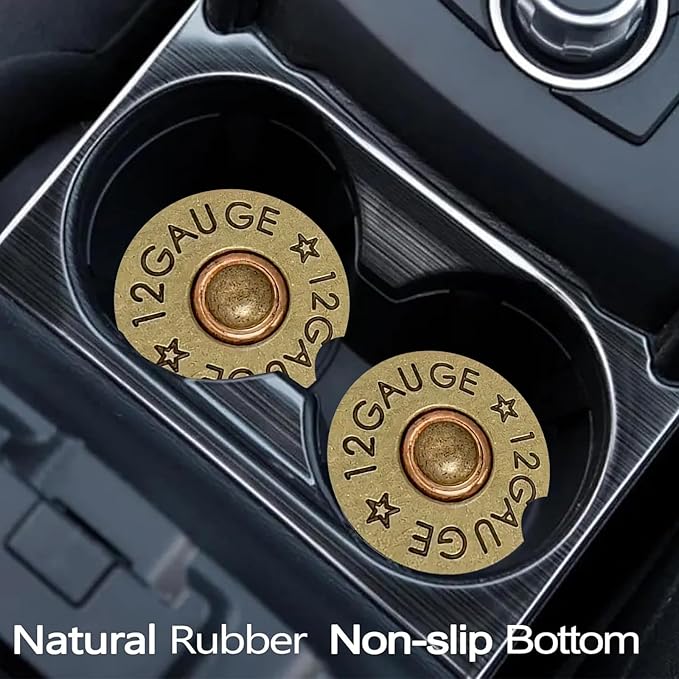 Car Coasters for Cup Holders,2 Pack Cool 12 Gauge Bullet Shaped Brass Rubber Car Cup Holder Coasters,2.75" Universal Size Anti Slip Rubber Mat,Automotive Cup Holder Decal Decor for Men,Dad