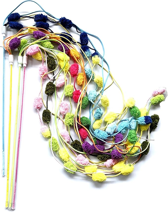 IUHKBH Cat Toys, 4 Pcs Plush Srtip Cat Wands Interactive Cat Teasing Stick Vibrant Cat Teaser Wands with Bell for Cat Kitten Having Fun Exerciser Playing