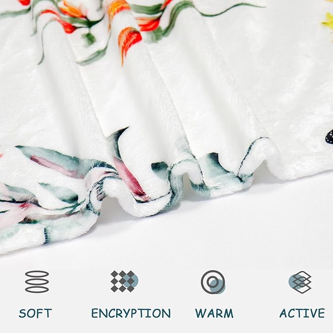 Floral Flower Throw Blanket Botanical Plant Throw Blankets Colorful Flannel Fleece Throw Blankets Watercolor Butterfly Cozy Fuzzy Plush Blanket for Bed Chair Couch 50" X 60"