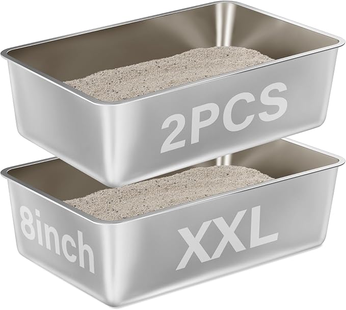 2 Pack Stainless Steel Cat Litter Box,XXL Metal Litter Box for Big Cat 8IN Deep, Metal Pet Toilet Cat Litter Pan Easy to Clean,High Sided Litter Box Adult Cats,Non Stick, No Smell