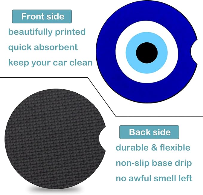 Car Coasters for Cup Holders,2 Pack Blue Evil Eye Car Cup Holder Coasters,2.75" Universal Size Anti Slip Rubber Mat,Automotive Cup Holder Decal Decor Accessories,Evil Eye Gifts for Men,Women Mom