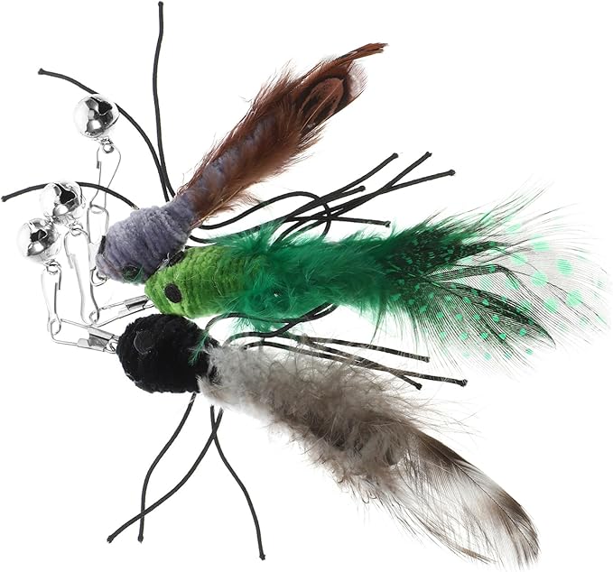 Milisten Cat Toy Wand Replacement with Bell: 3Pcs Interactive Cat Teaser Replacement Insect Attachment - Cat Furry Toy Refills for Cat Kitten Wand (Green+Grey+Black)