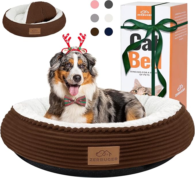 30in Round Cat Dog Bed for Large Medium Small Dogs Cats, Machine Washable Sleeping Sofa, Non-Slip Bottom Breathable Soft Calming Pet Cuddler for Indoor/Outdoor/Car/Cage, Brown