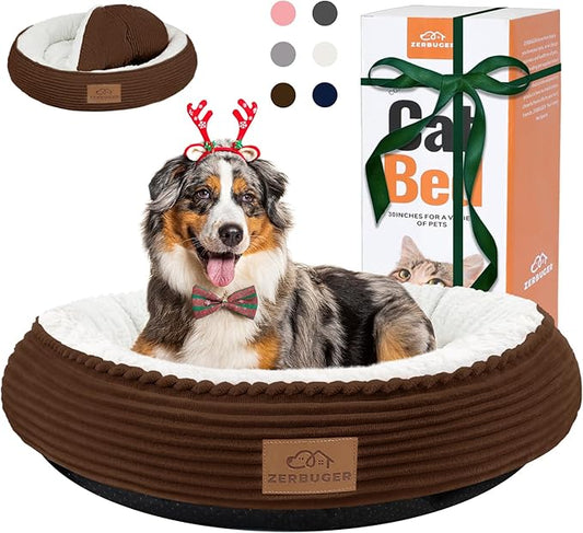 30in Round Cat Dog Bed for Large Medium Small Dogs Cats, Machine Washable Sleeping Sofa, Non-Slip Bottom Breathable Soft Calming Pet Cuddler for Indoor/Outdoor/Car/Cage, Brown