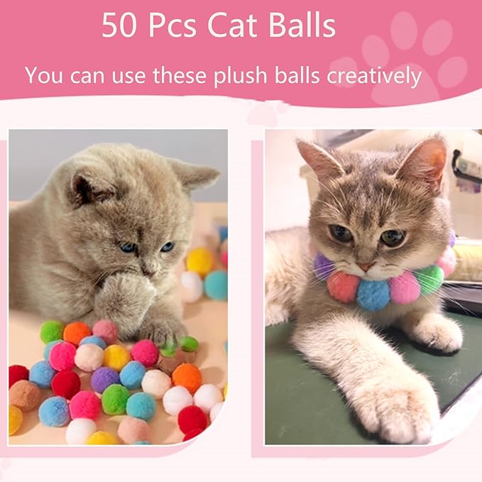 Cat Toy Balls, 50PCS 1.2Inch Cat Pompom Ball,Colorful and Soft Interactive Cat Balls, Active Cat Exercise Toys for Indoor Cats (50PCS Cat Ball)