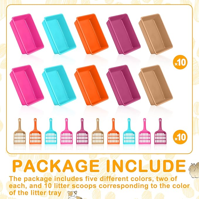 Amyhill 10 Pcs Open Cat Litter Box Kitten Litter Pan with 10 Scooper Medium Plastic Litter Tray Durable Nonstick Litter Box for Indoor Pets Cats Rabbit Supply Easy to Clean,14.6x10.6x3.4 Inch, 5 Color