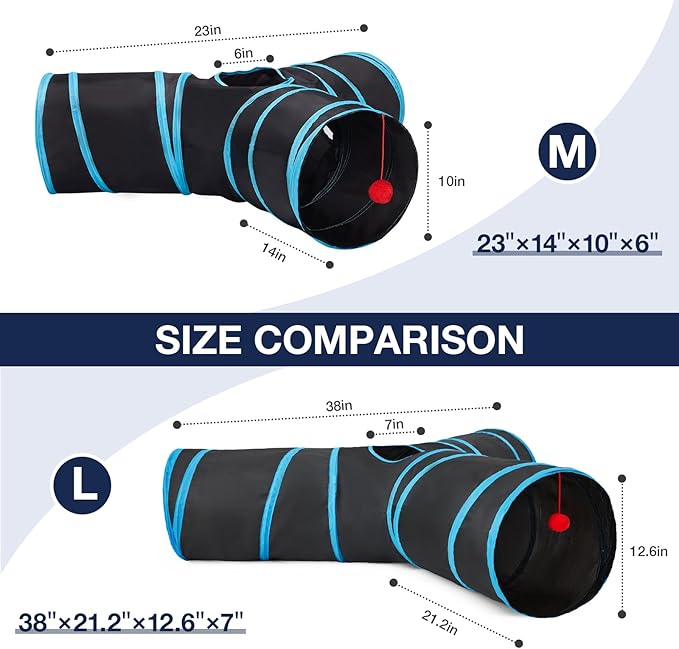 Tempcore Pet Cat Tunnel Tube Cat Toys 3 Way Collapsible, Cat Tunnels for Indoor Cats，Kitty Tunnel Bored Cat Pet Toys Peek Hole Toy Ball Cat, Puppy, Kitty, Kitten, Rabbit Blue Large Size