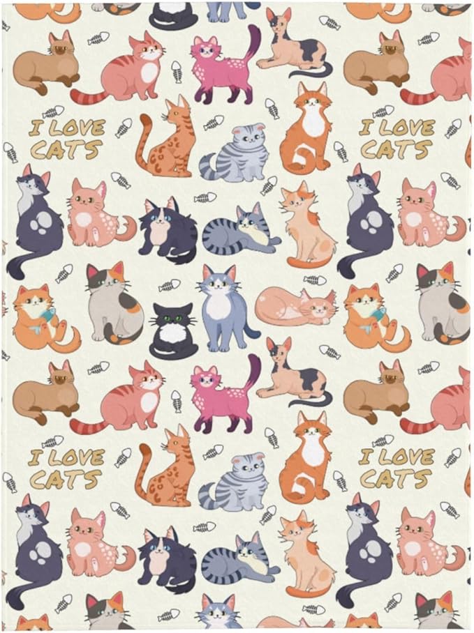 Kids Cat Print Blanket Throw 80"x60", Plush Flannel Blankets with Cats On It, Soft Warm Decorative for Kids Women Adults Cat Lovers